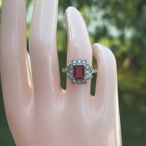 Emerald Cut 1.75 tcw Genuine Ruby & Diamond Ring Sterling Silver Size 7 - Picture 5 of 13